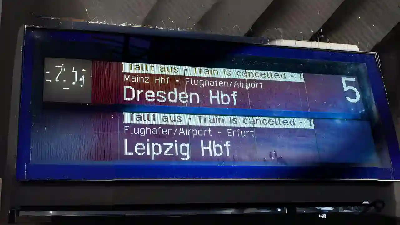 Infotafel an einem Bahnhof bei dem man auf dem Bildschirm sieht, wie zwei Züge ausfallen